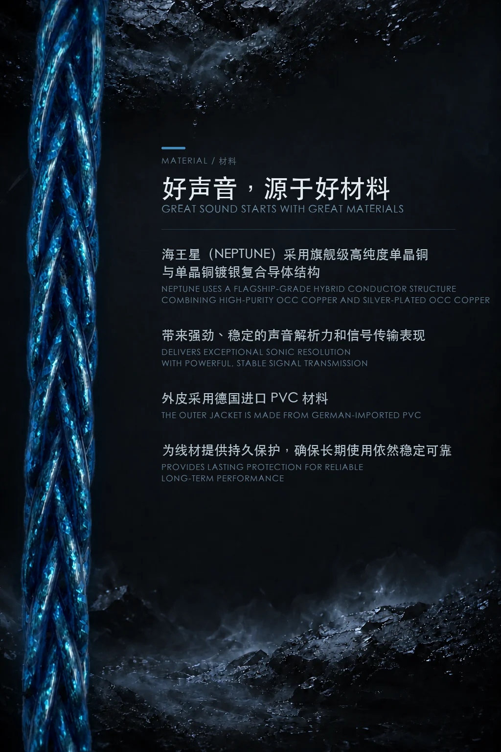 海王星用料：高纯度单晶铜与镀银单晶铜复合导体，德国进口 PVC 外被